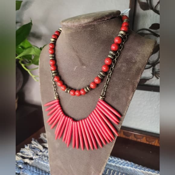 Elegant Red Dyed Howlite Fringe Double Strand Beaded Necklace - Thumbnail 10