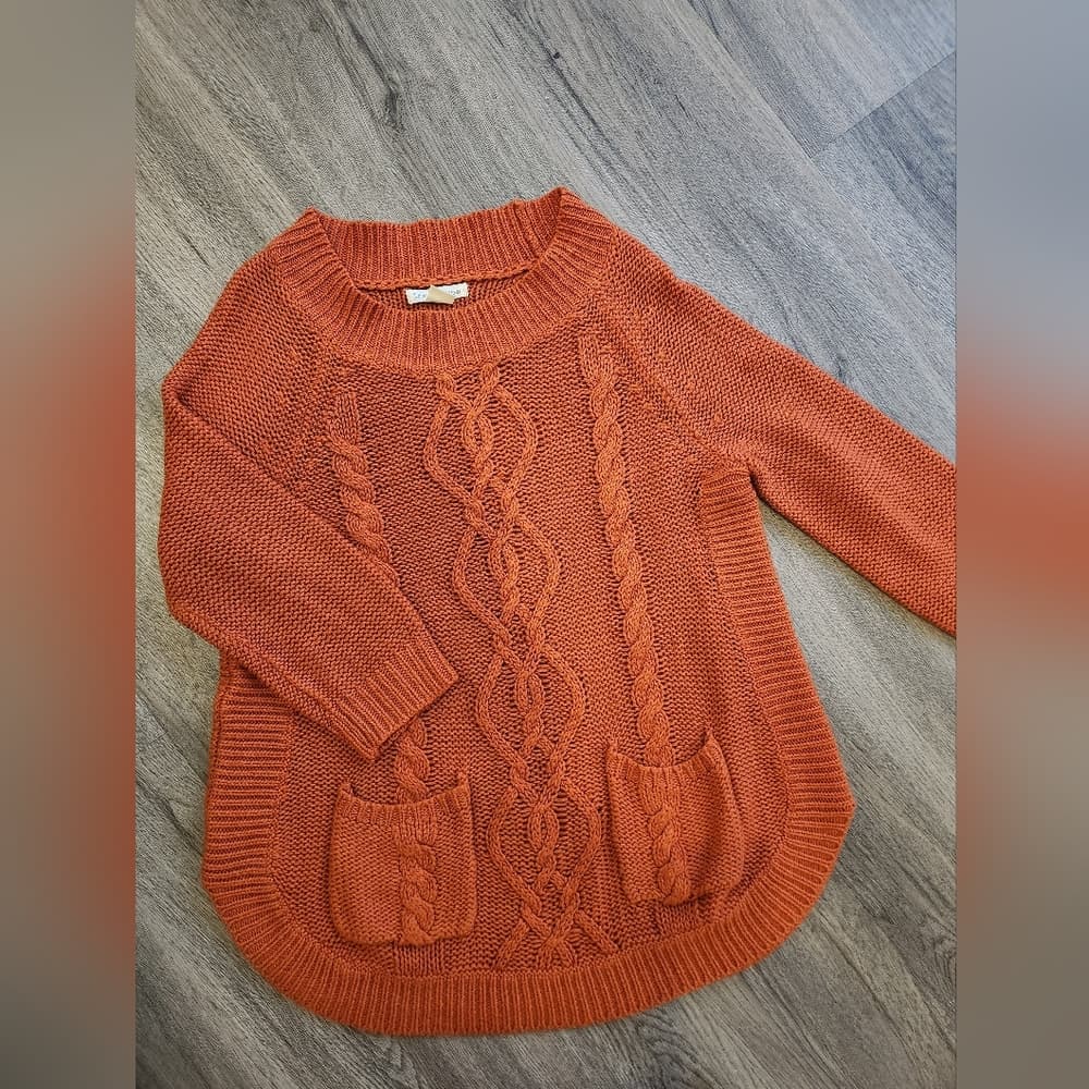 JohnPaulRichard Burnt Orange Cable Knit Sweater Crew Neck With Pockets - Thumbnail 2