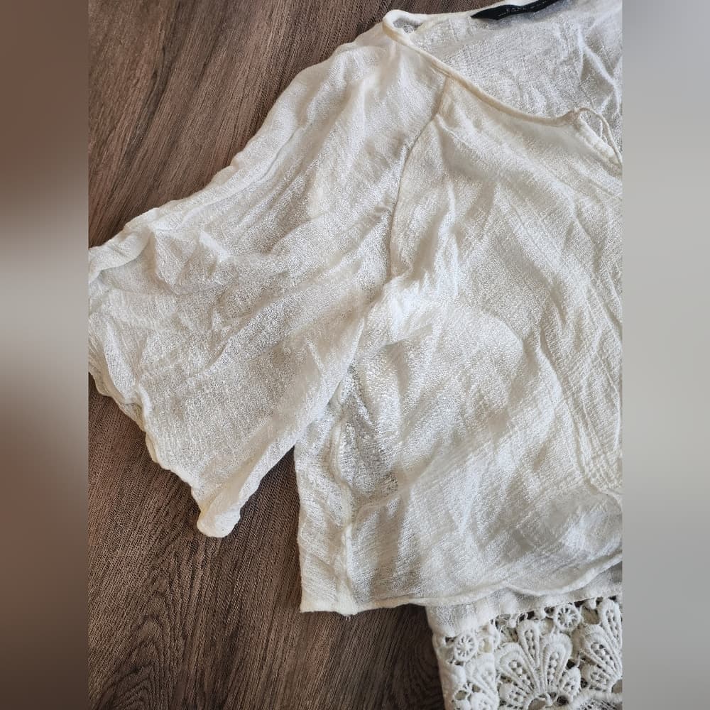 Zara Woman Creamy White Blouse With Lace Trim Tassle Tie - Thumbnail 4