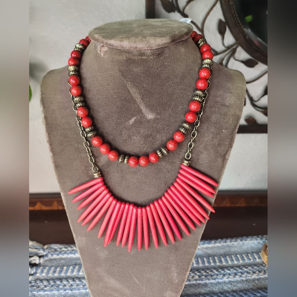Elegant Red Dyed Howlite Fringe Double Strand Beaded Necklace
