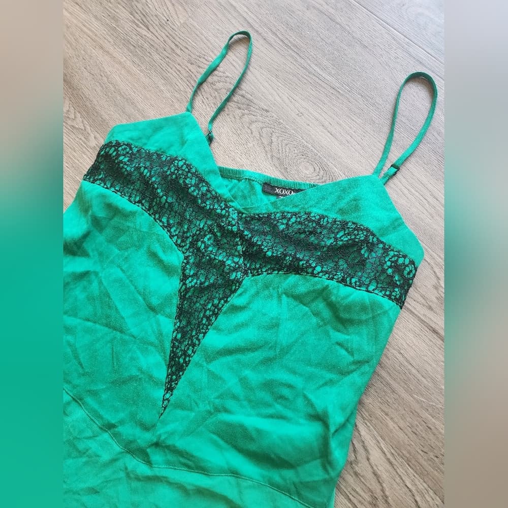 XOXO Teal Green Tank Top with Black Lace Accent