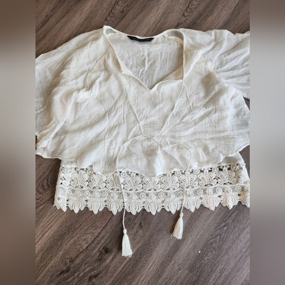 Zara Woman Creamy White Blouse With Lace Trim Tassle Tie