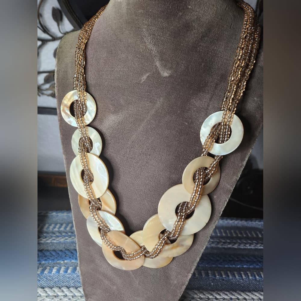 Pretty Woven Gold and Cream Shell Disk Beaded Necklace
