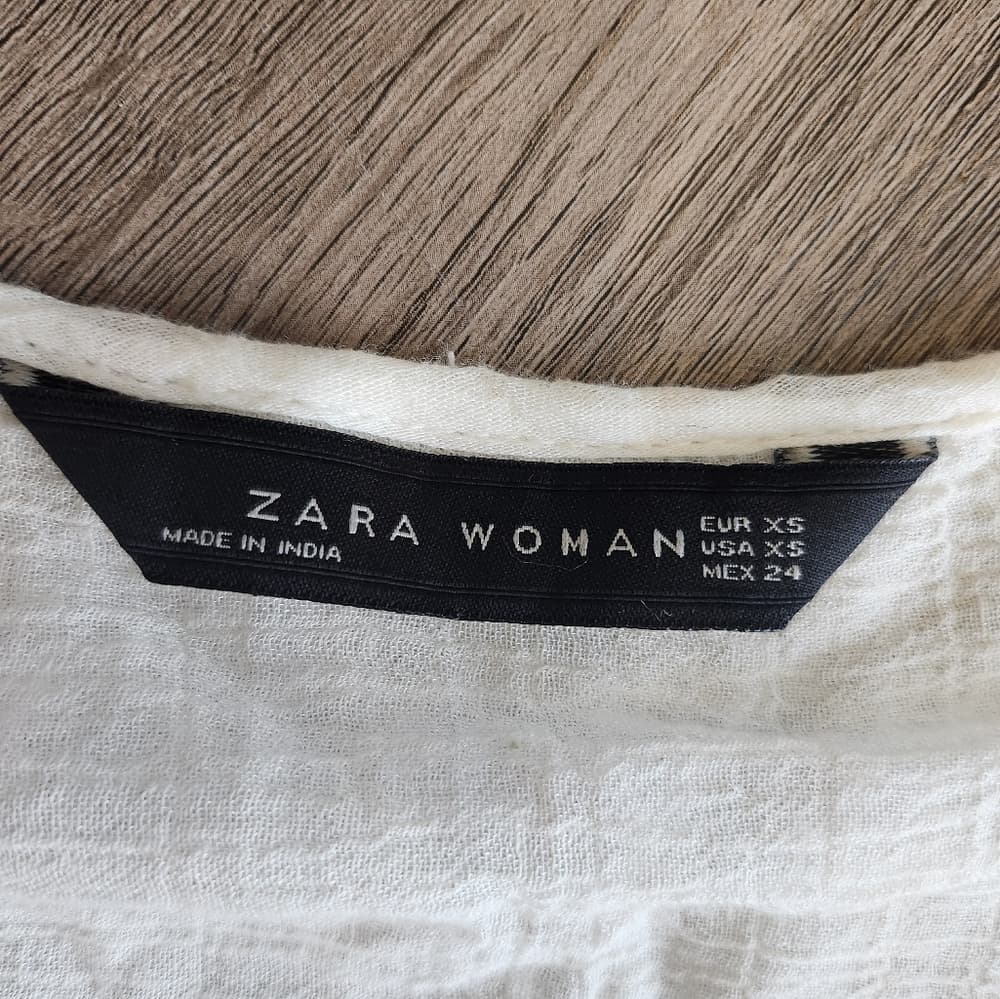Zara Woman Creamy White Blouse With Lace Trim Tassle Tie - Thumbnail 5