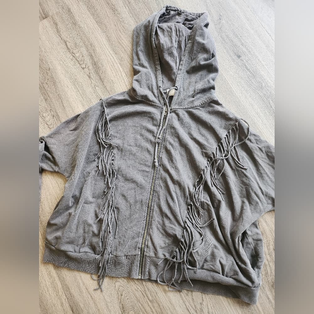 Amuse Gray Fringed Zip Up Oversized Hooded Sweatshirt