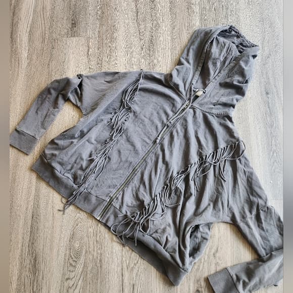 Amuse Gray Fringed Zip Up Oversized Hooded Sweatshirt - Thumbnail 8