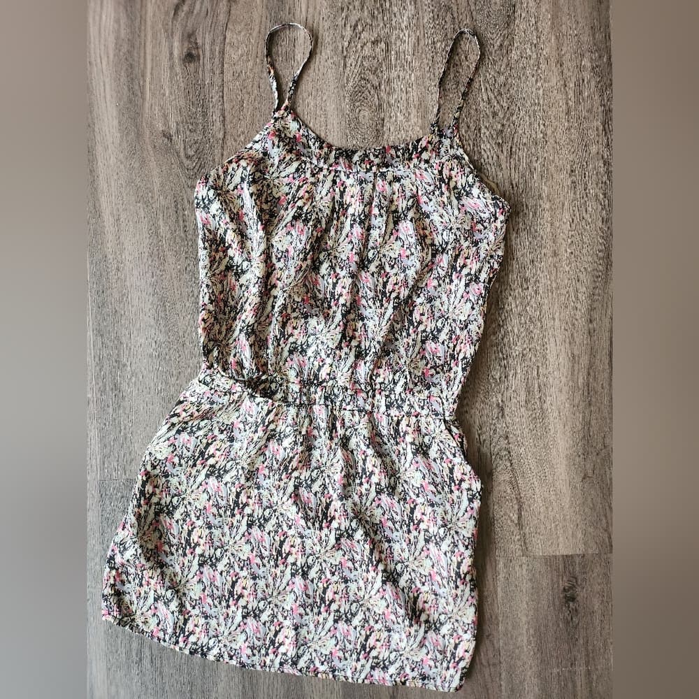 Cute Cream And Pink Spaghetti Strap Mini Polyester Dress With Pockets
