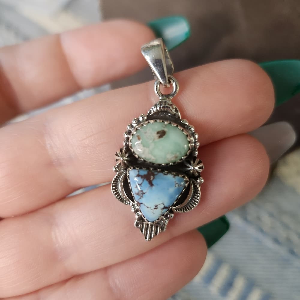 New- Genuine Golden Hills & Paloma Turquoise Double Pendant | Sterling Silver - Thumbnail 2