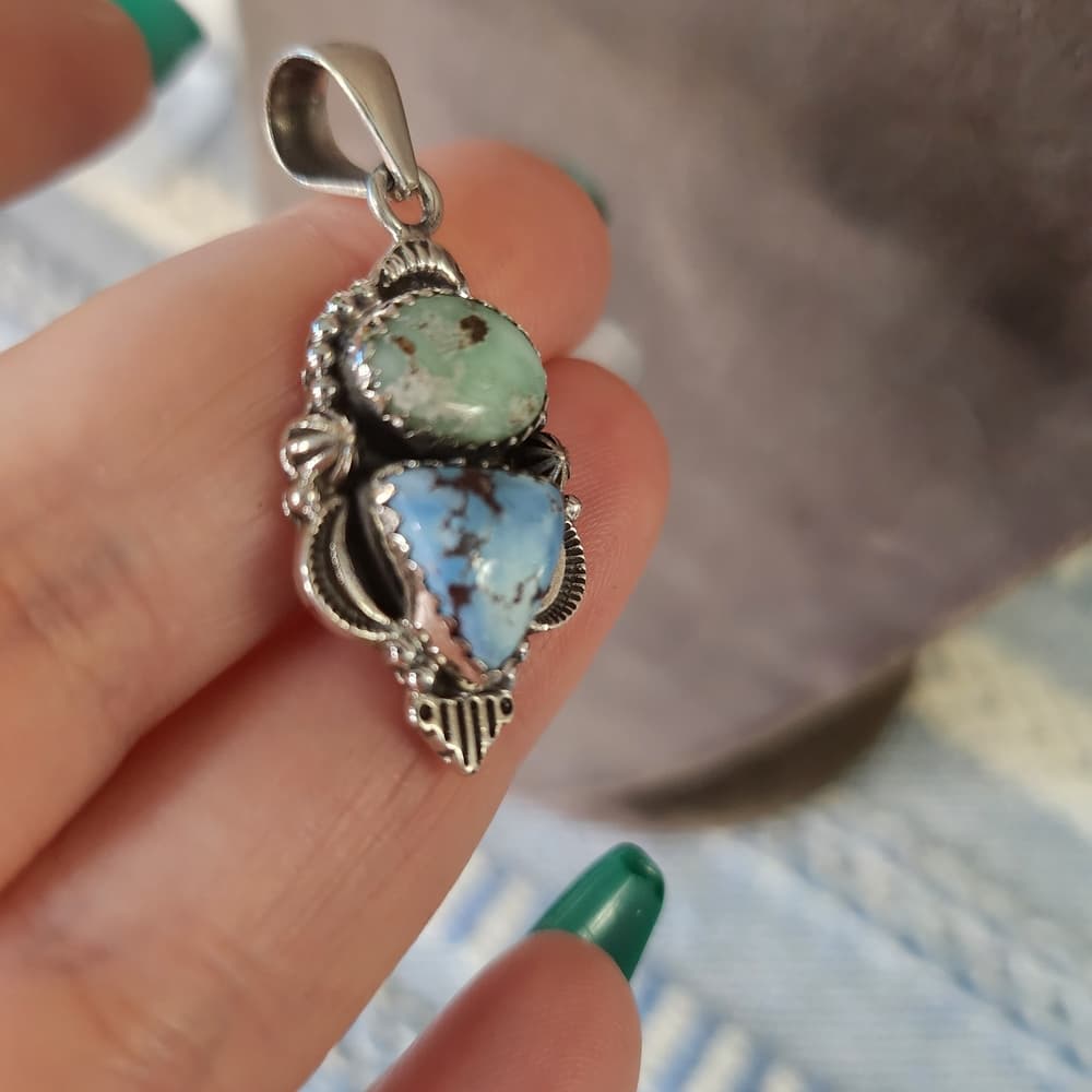 New- Genuine Golden Hills & Paloma Turquoise Double Pendant | Sterling Silver - Thumbnail 3