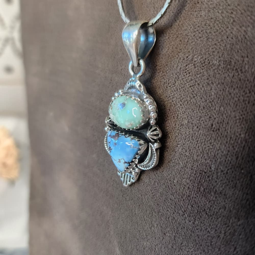 New- Genuine Golden Hills & Paloma Turquoise Double Pendant | Sterling Silver - Thumbnail 5