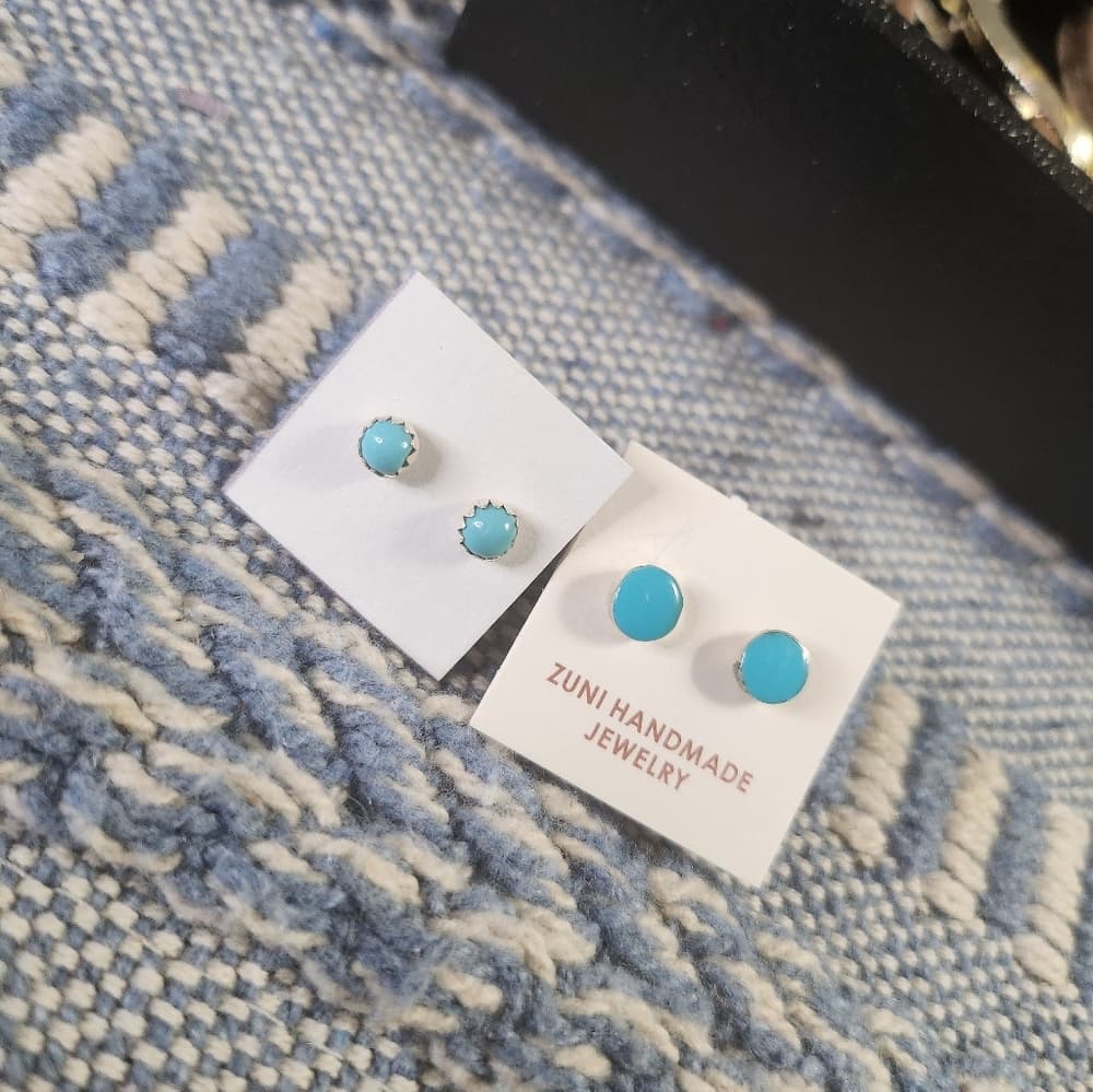 New Navajo Round Turquoise 925 Sterling Silver Stud Earrings Native Handmade - Thumbnail 7