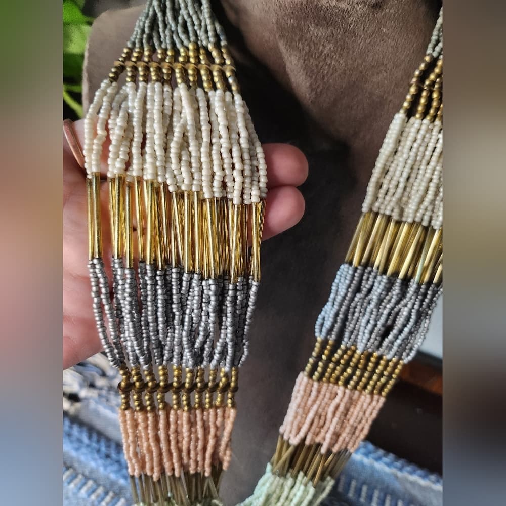 Pretty Gold Tone And Pastel Multi Layered Beaded Necklace - Thumbnail 2