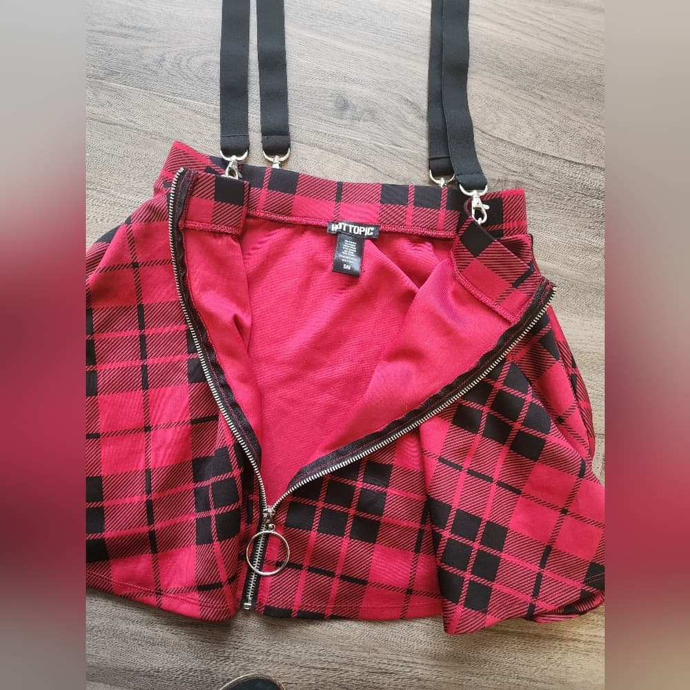 Hot Topic Black and Red Plaid Skater Skirt With Removable Suspenders - Thumbnail 2