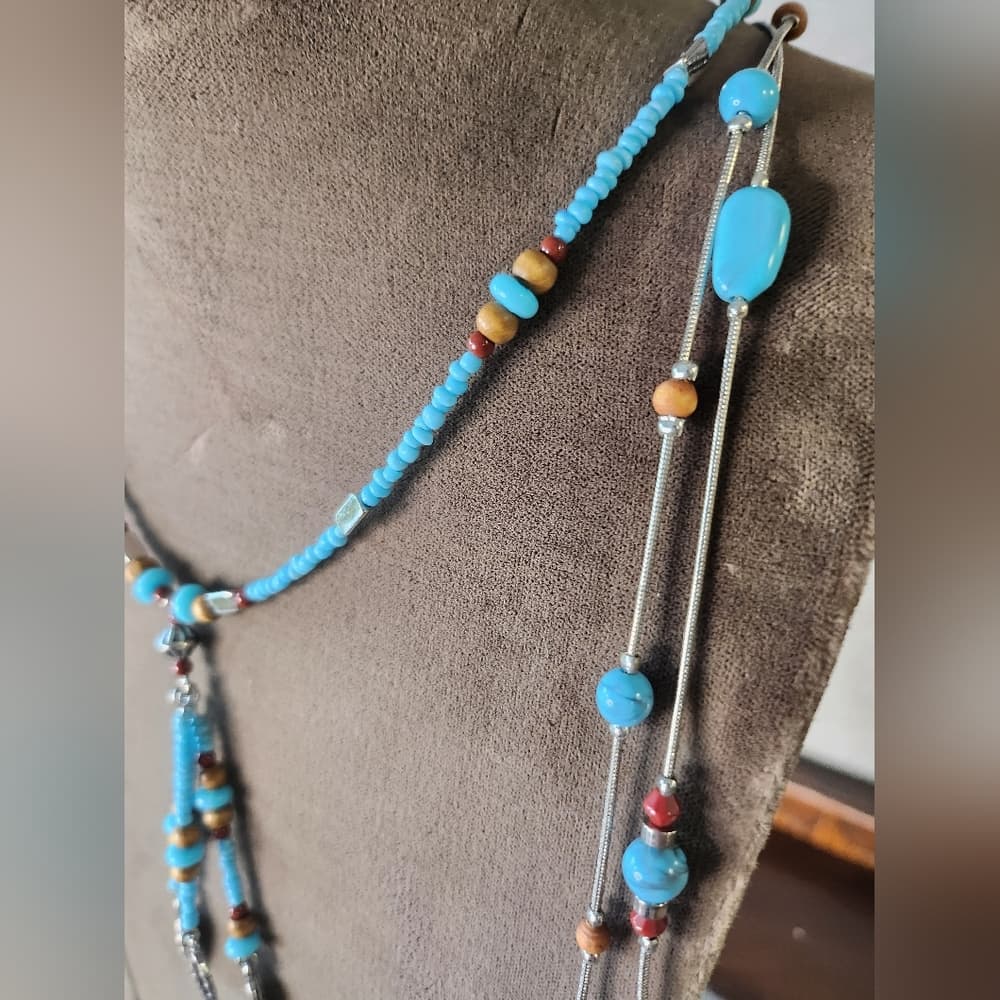 Silver Faux Turquoise And Tan Wood Beaded Necklace Bundle With Feather Accent - Thumbnail 5
