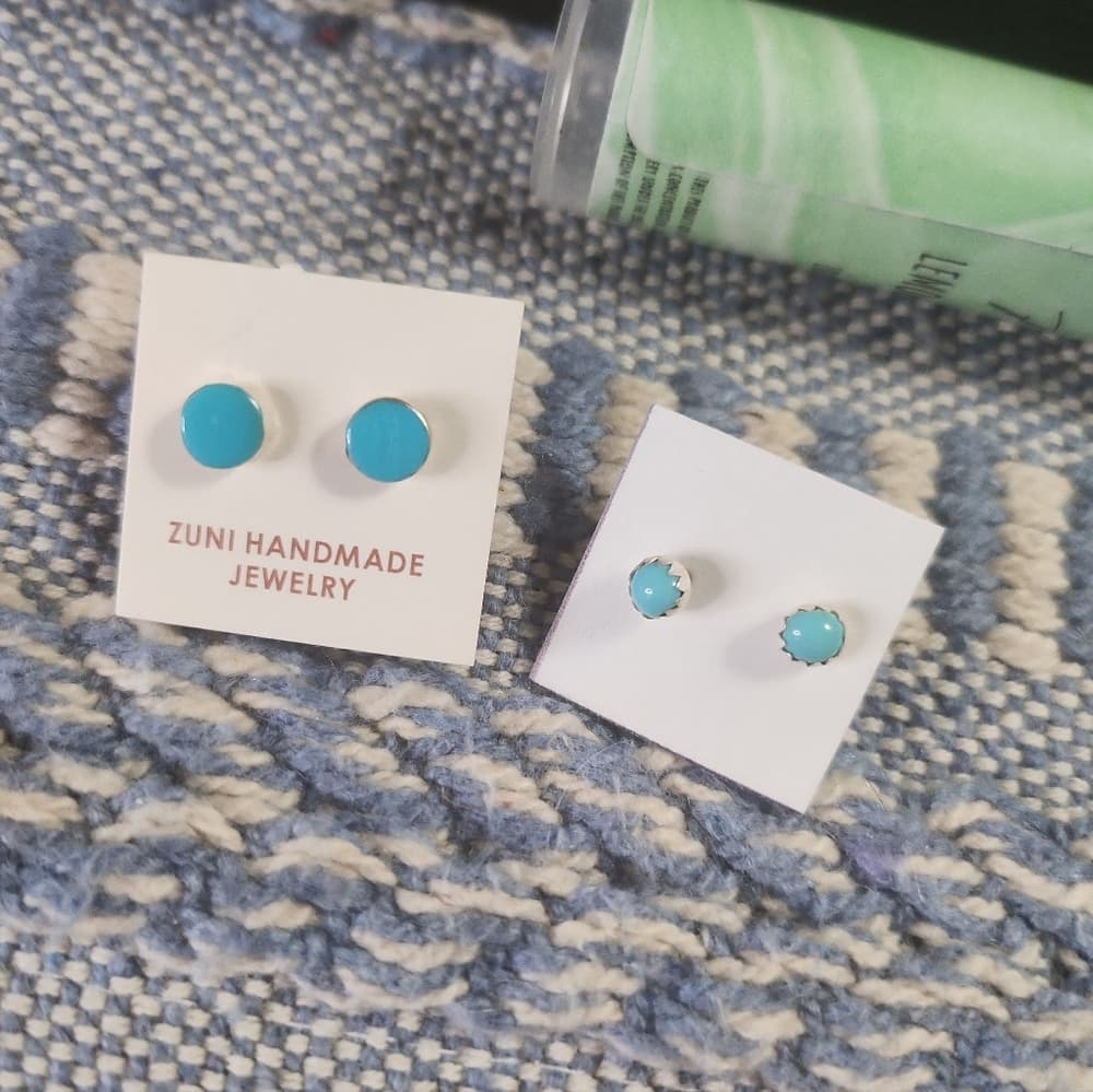 New Navajo Round Turquoise 925 Sterling Silver Stud Earrings Native Handmade - Thumbnail 8