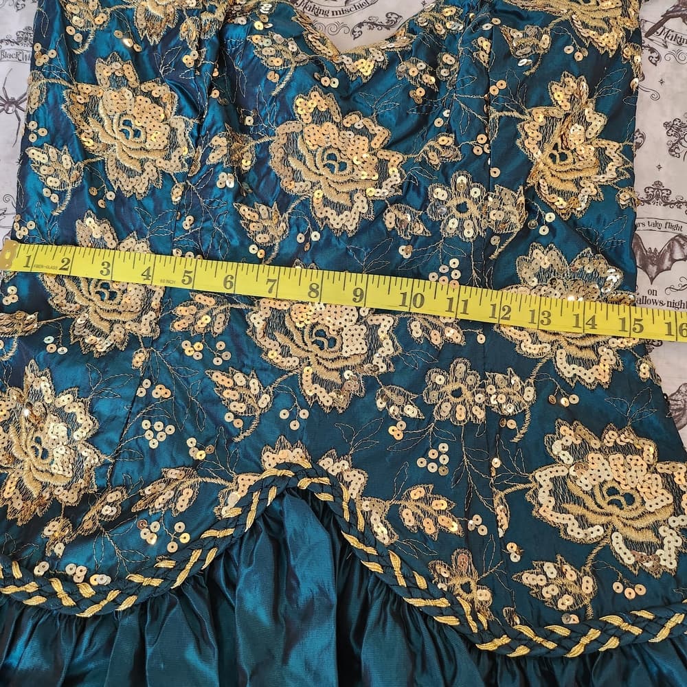 Vintage 80s Jessica McClintock Teal and Gold Rinestone Strapless Poofy Dress - Thumbnail 14
