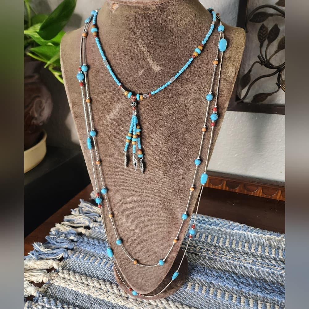 Silver Faux Turquoise And Tan Wood Beaded Necklace Bundle With Feather Accent - Thumbnail 11