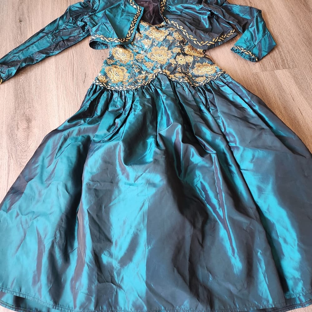 Vintage 80s Jessica McClintock Teal and Gold Rinestone Strapless Poofy Dress