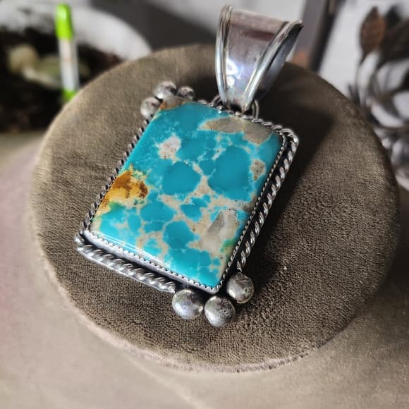 Navajo Pinto Signed Huge Turquoise and Sterling Silver 925 Chunky Pendant - Thumbnail 15
