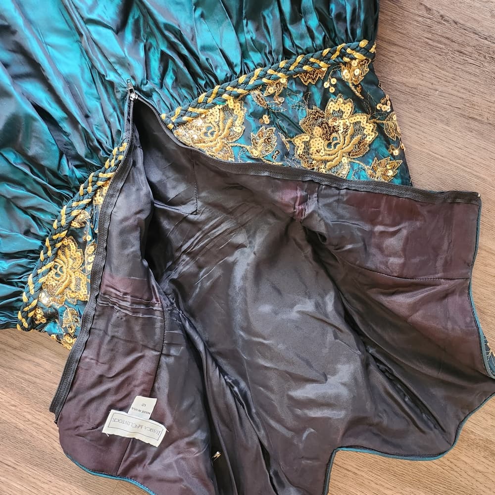 Vintage 80s Jessica McClintock Teal and Gold Rinestone Strapless Poofy Dress - Thumbnail 7