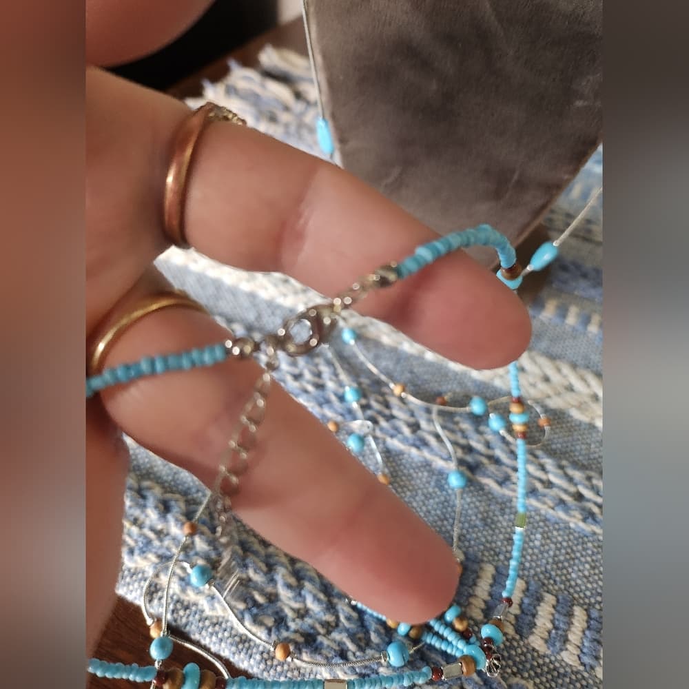 Silver Faux Turquoise And Tan Wood Beaded Necklace Bundle With Feather Accent - Thumbnail 9