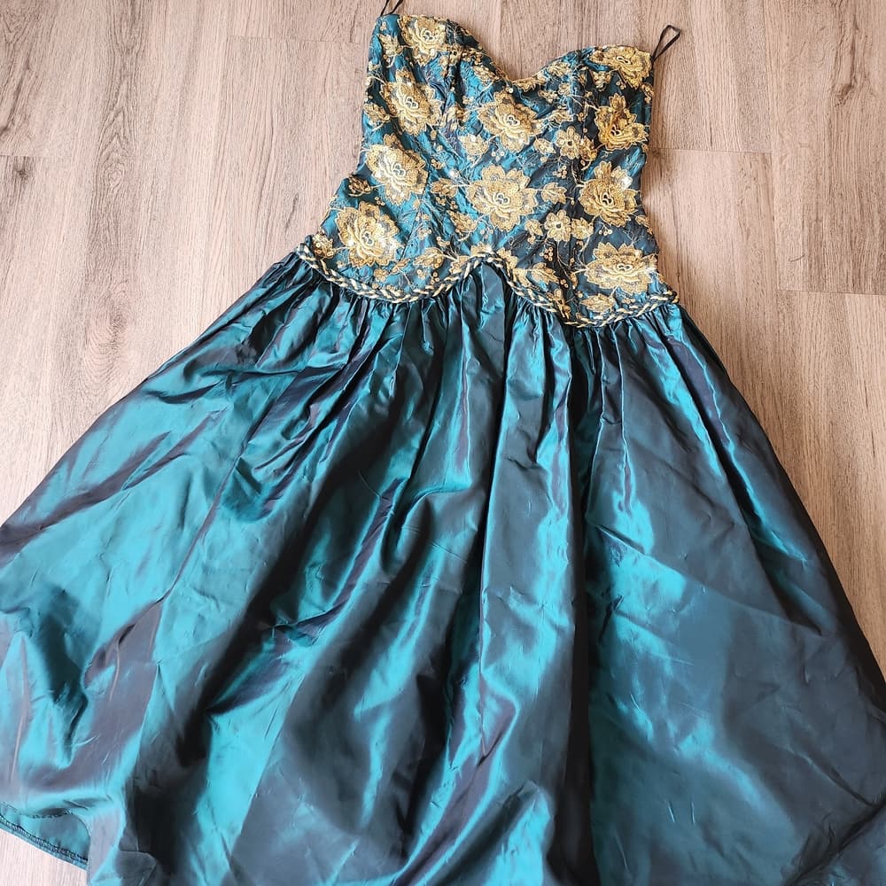 Vintage 80s Jessica McClintock Teal and Gold Rinestone Strapless Poofy Dress - Thumbnail 3