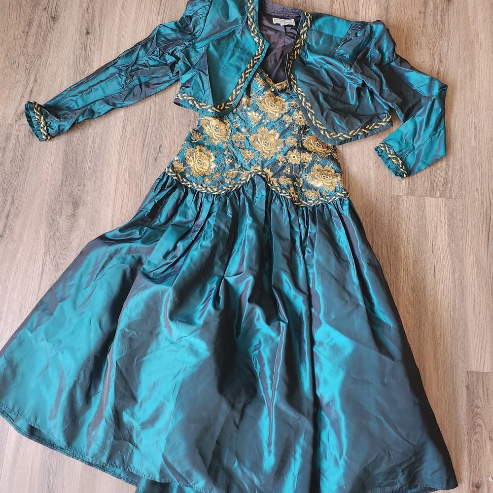 Vintage 80s Jessica McClintock Teal and Gold Rinestone Strapless Poofy Dress - Thumbnail 16