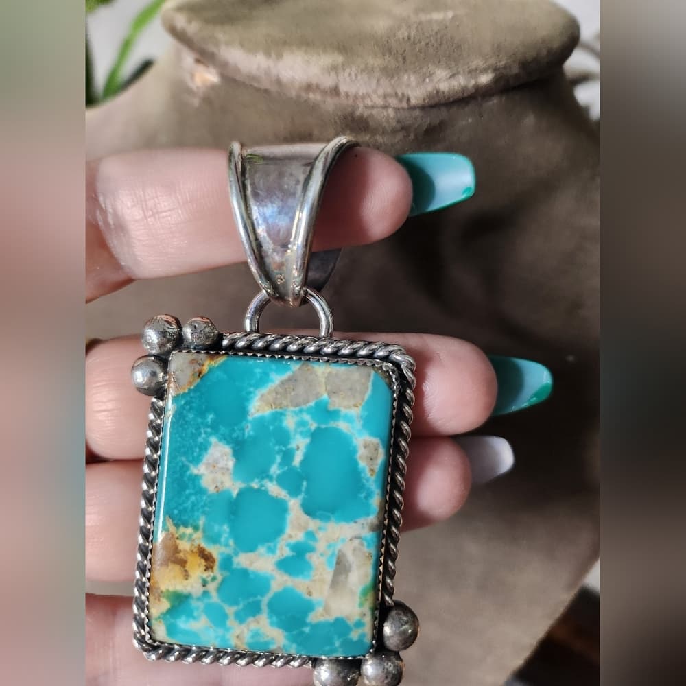 Navajo Pinto Signed Huge Turquoise and Sterling Silver 925 Chunky Pendant - Thumbnail 2