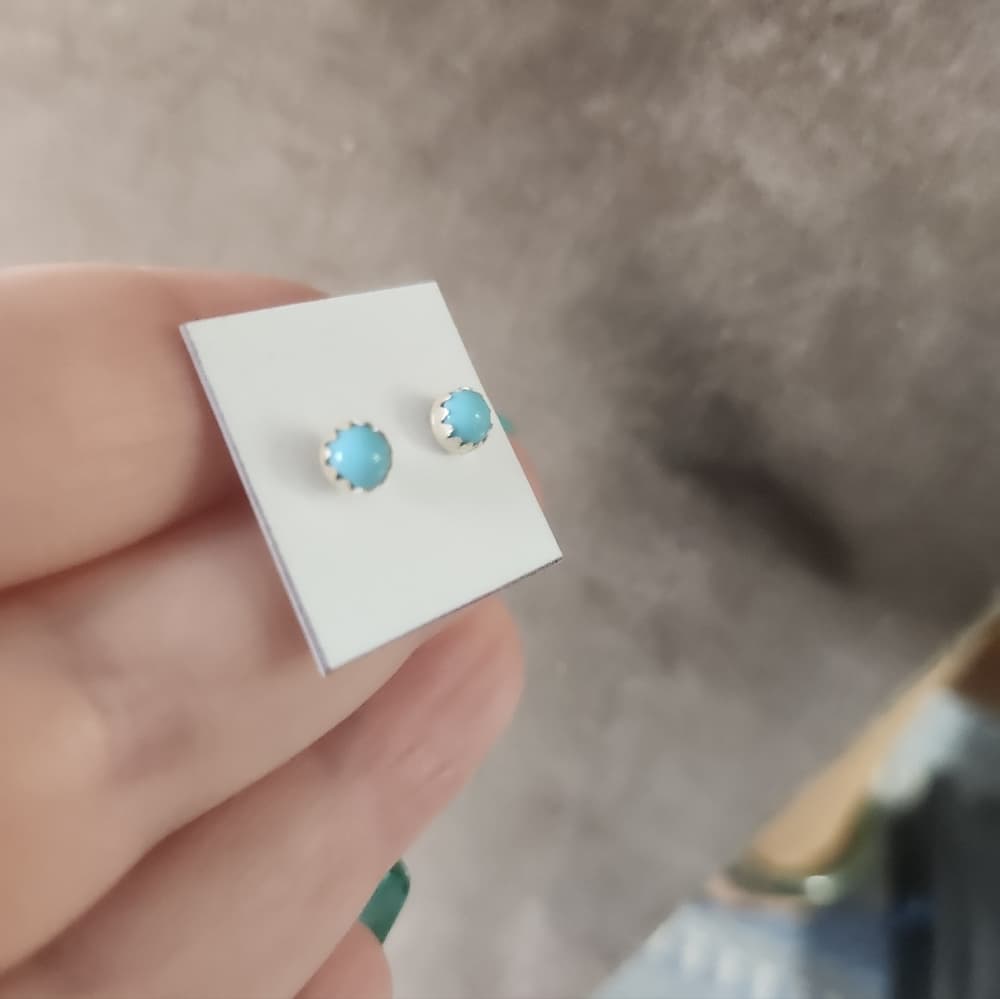 New Navajo Round Turquoise 925 Sterling Silver Stud Earrings Native Handmade - Thumbnail 3