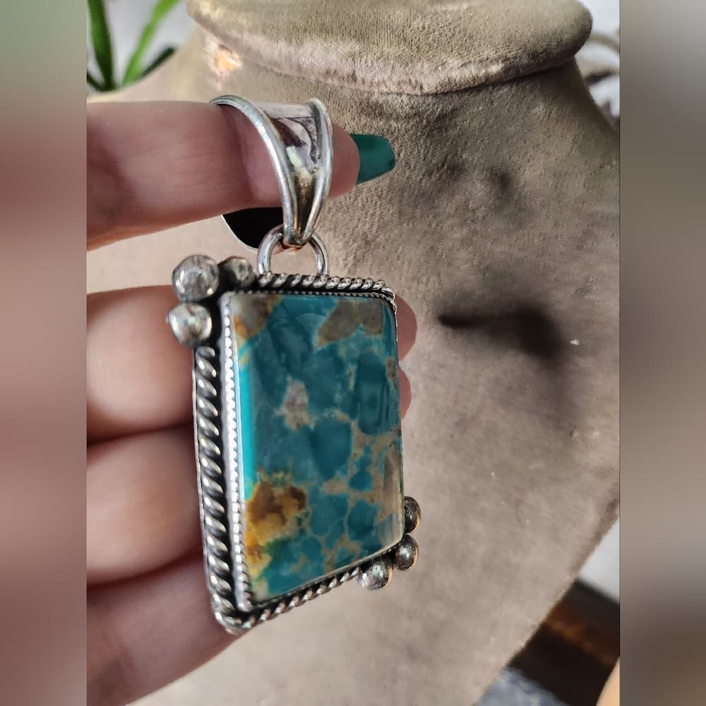 Navajo Pinto Signed Huge Turquoise and Sterling Silver 925 Chunky Pendant - Thumbnail 3