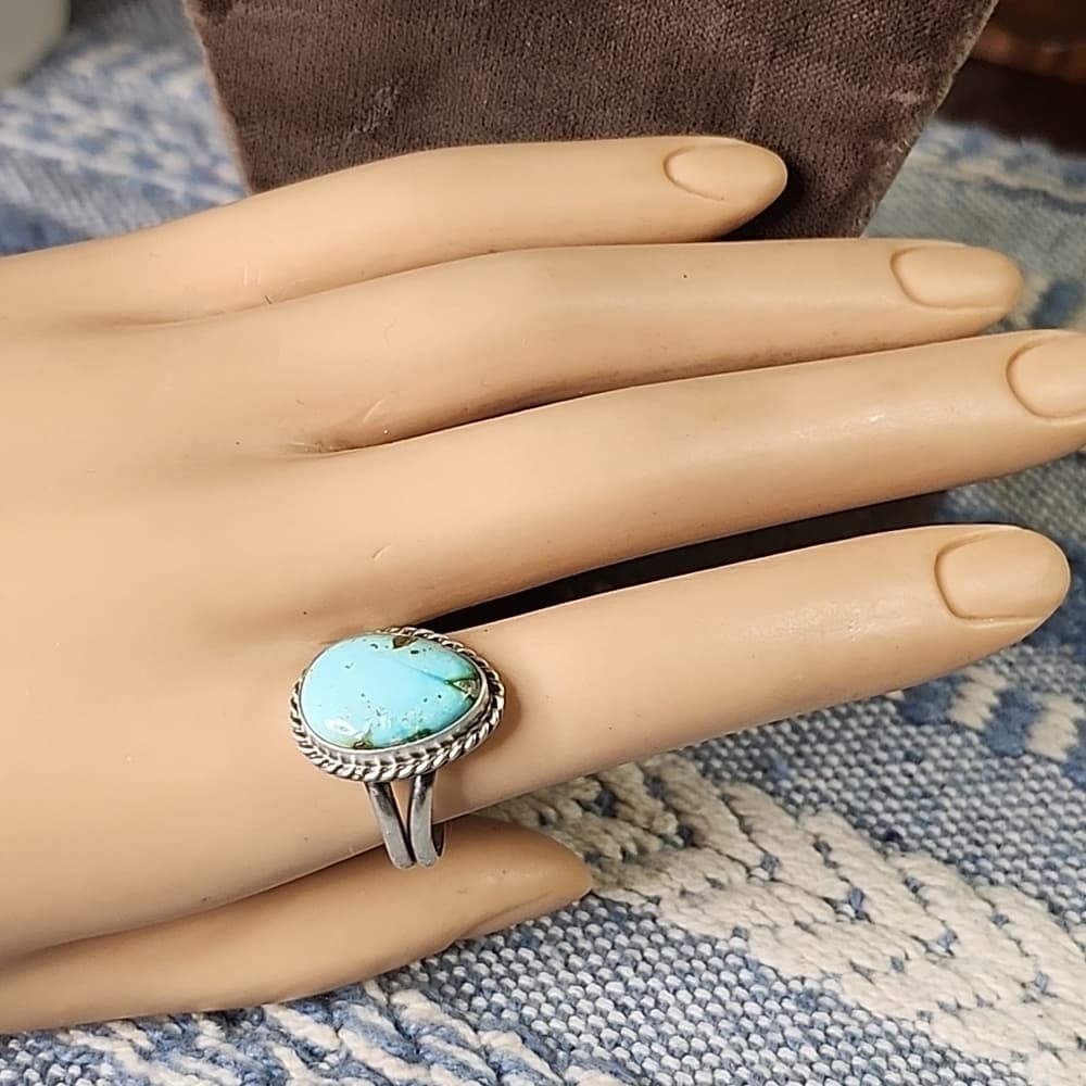 New - Navajo Signed Sanoran Gold Turquoise Pear + Sterling Silver Ring