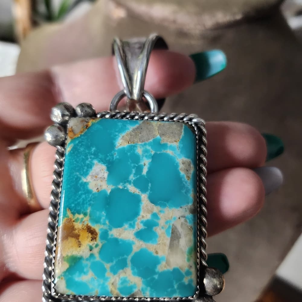 Navajo Pinto Signed Huge Turquoise and Sterling Silver 925 Chunky Pendant - Thumbnail 5
