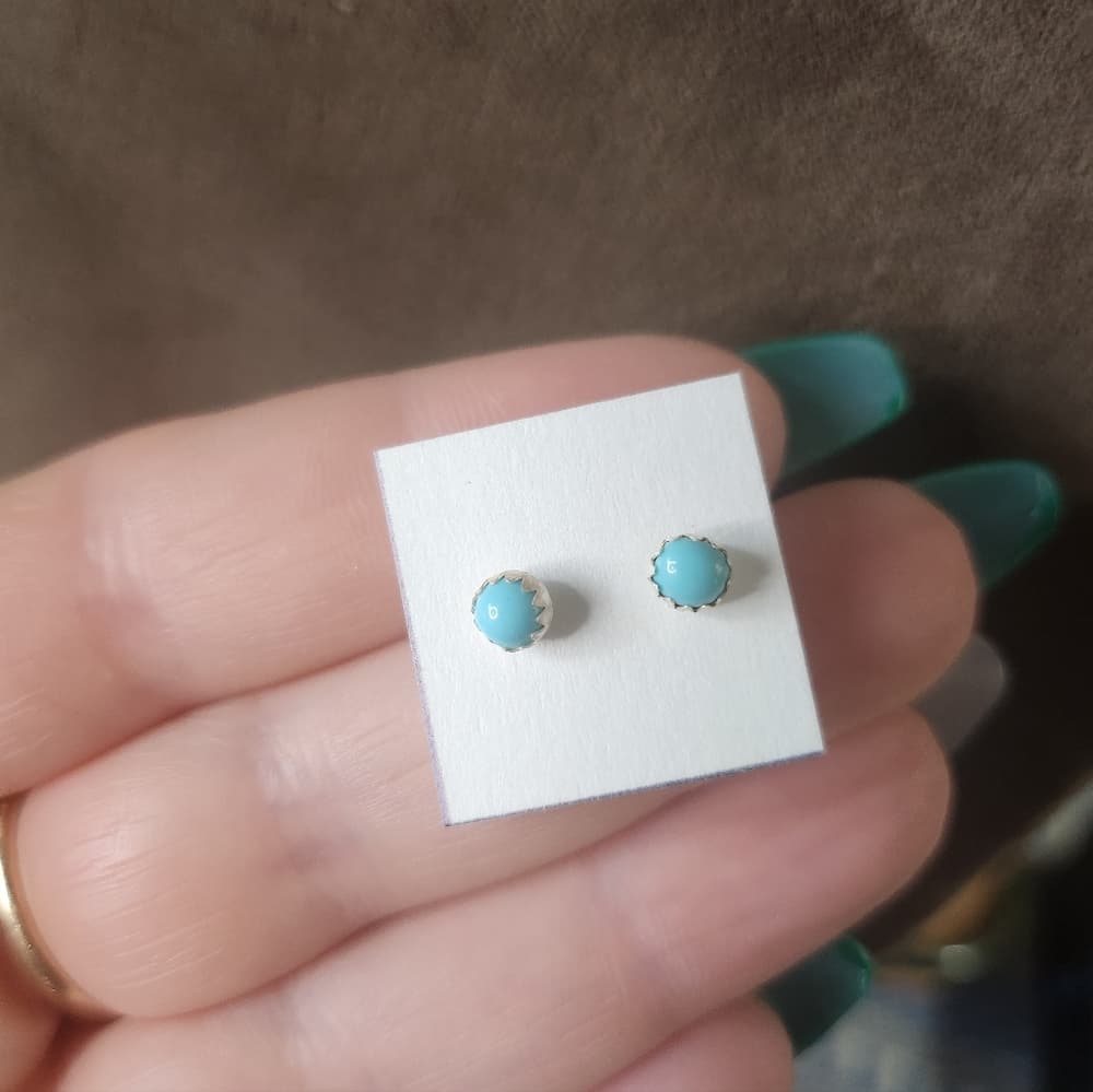 New Navajo Round Turquoise 925 Sterling Silver Stud Earrings Native Handmade - Thumbnail 2