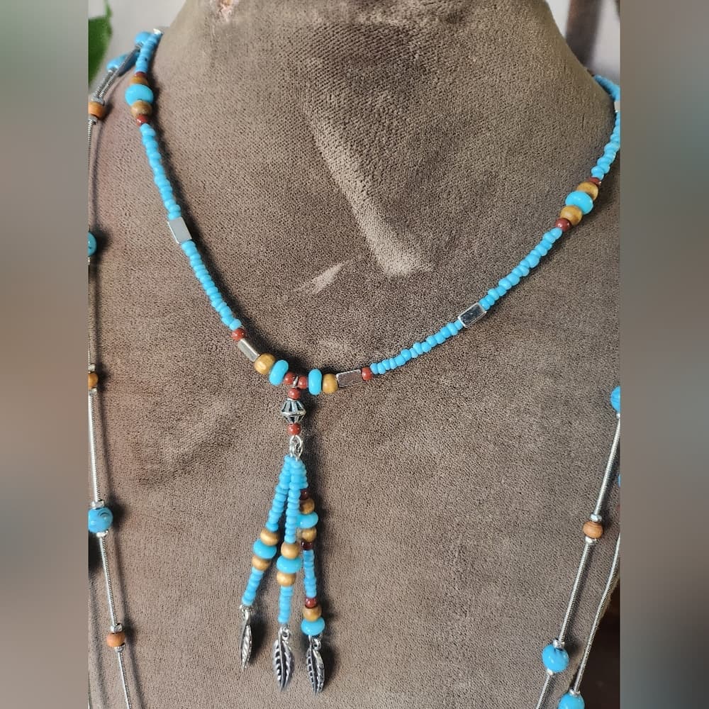 Silver Faux Turquoise And Tan Wood Beaded Necklace Bundle With Feather Accent - Thumbnail 4