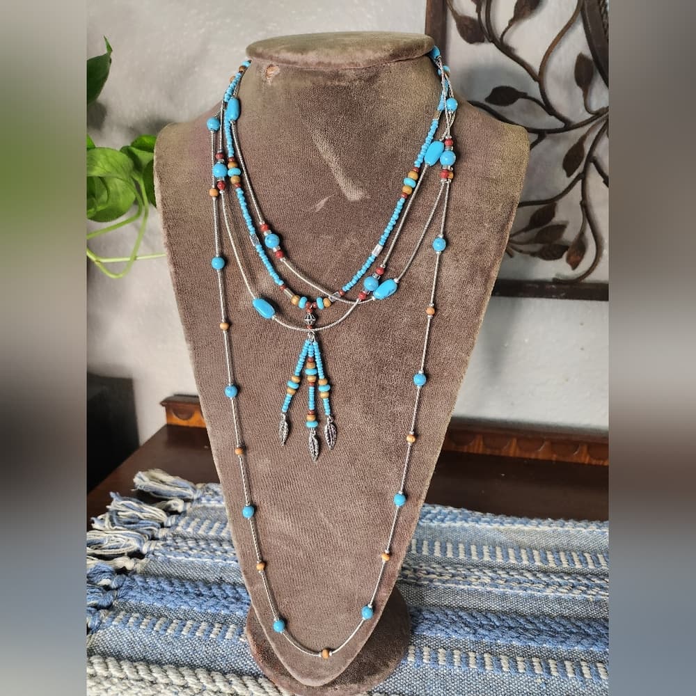 Silver Faux Turquoise And Tan Wood Beaded Necklace Bundle With Feather Accent