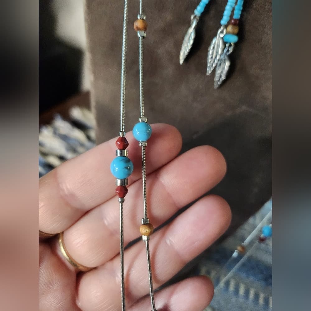 Silver Faux Turquoise And Tan Wood Beaded Necklace Bundle With Feather Accent - Thumbnail 2