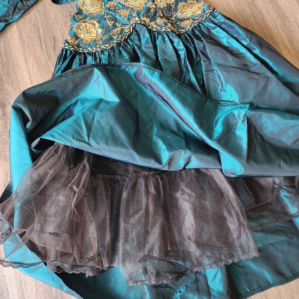 Vintage 80s Jessica McClintock Teal and Gold Rinestone Strapless Poofy Dress - Thumbnail 2