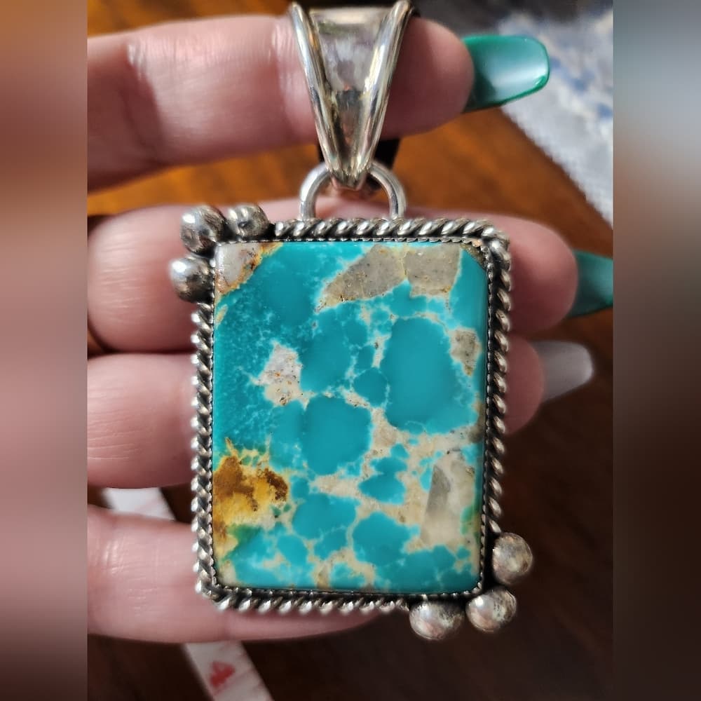 Navajo Pinto Signed Huge Turquoise and Sterling Silver 925 Chunky Pendant - Thumbnail 8