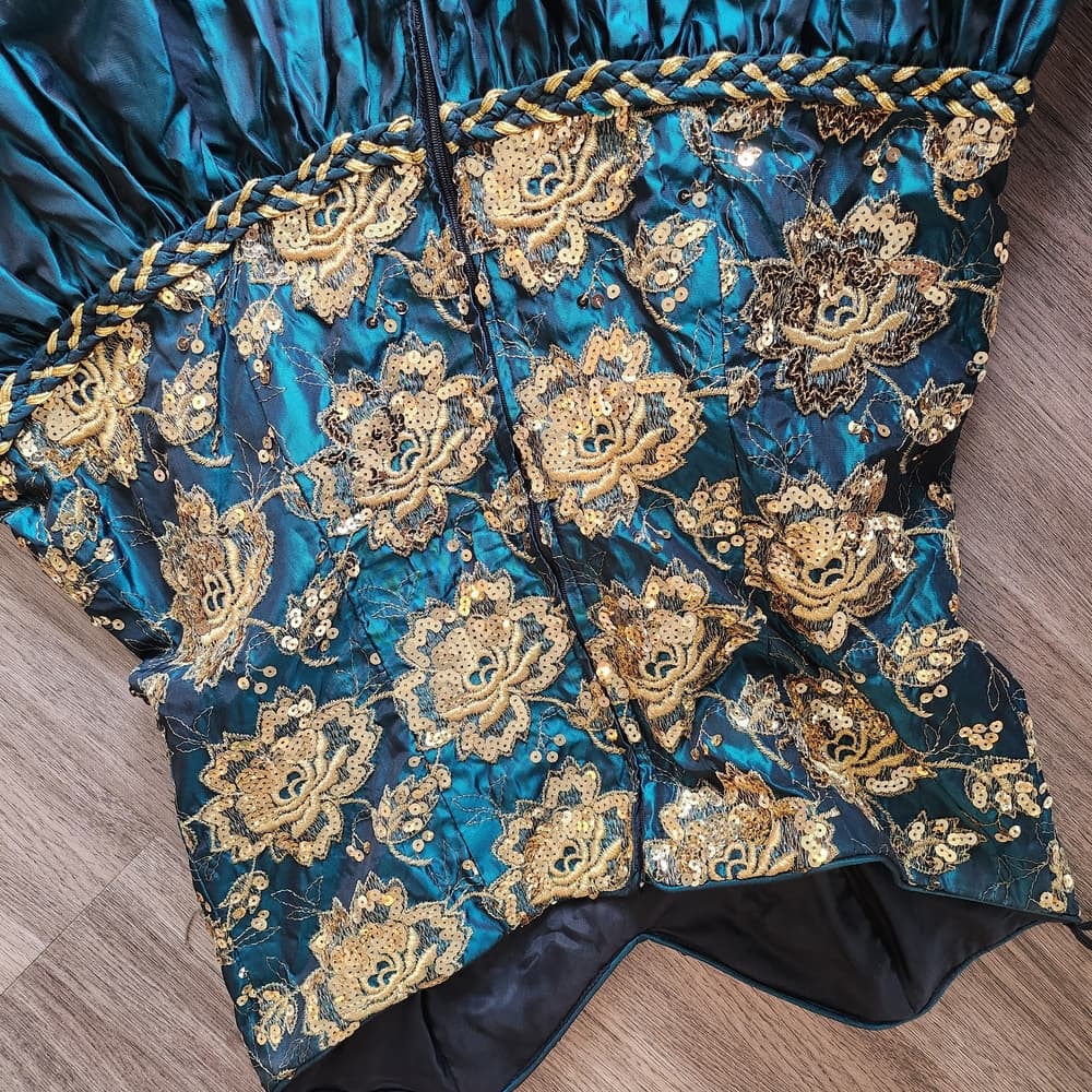 Vintage 80s Jessica McClintock Teal and Gold Rinestone Strapless Poofy Dress - Thumbnail 6