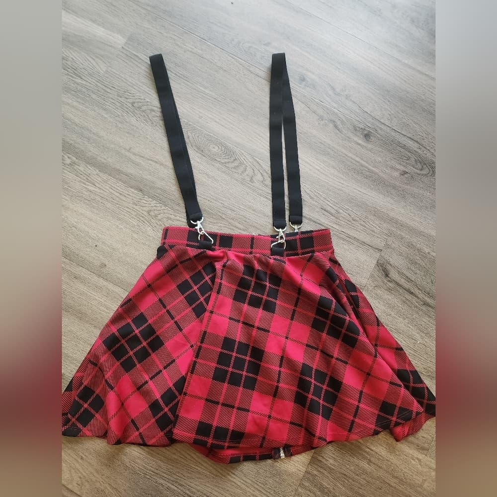 Hot Topic Black and Red Plaid Skater Skirt With Removable Suspenders - Thumbnail 5