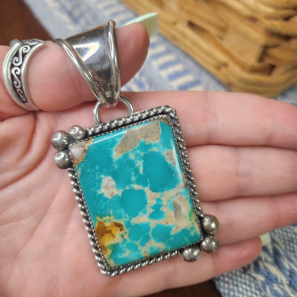 Navajo Pinto Signed Huge Turquoise and Sterling Silver 925 Chunky Pendant - Thumbnail 9