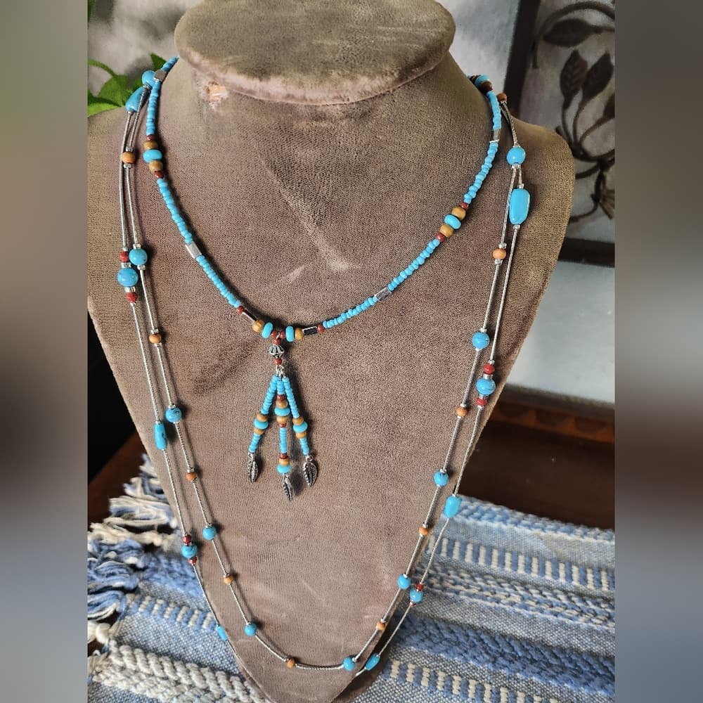 Silver Faux Turquoise And Tan Wood Beaded Necklace Bundle With Feather Accent - Thumbnail 8