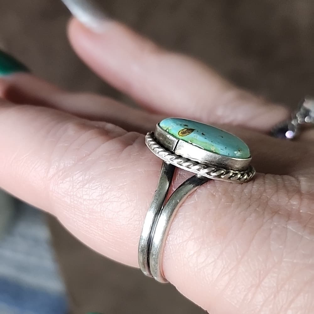 New - Navajo Signed Sanoran Gold Turquoise Pear + Sterling Silver Ring - Thumbnail 3