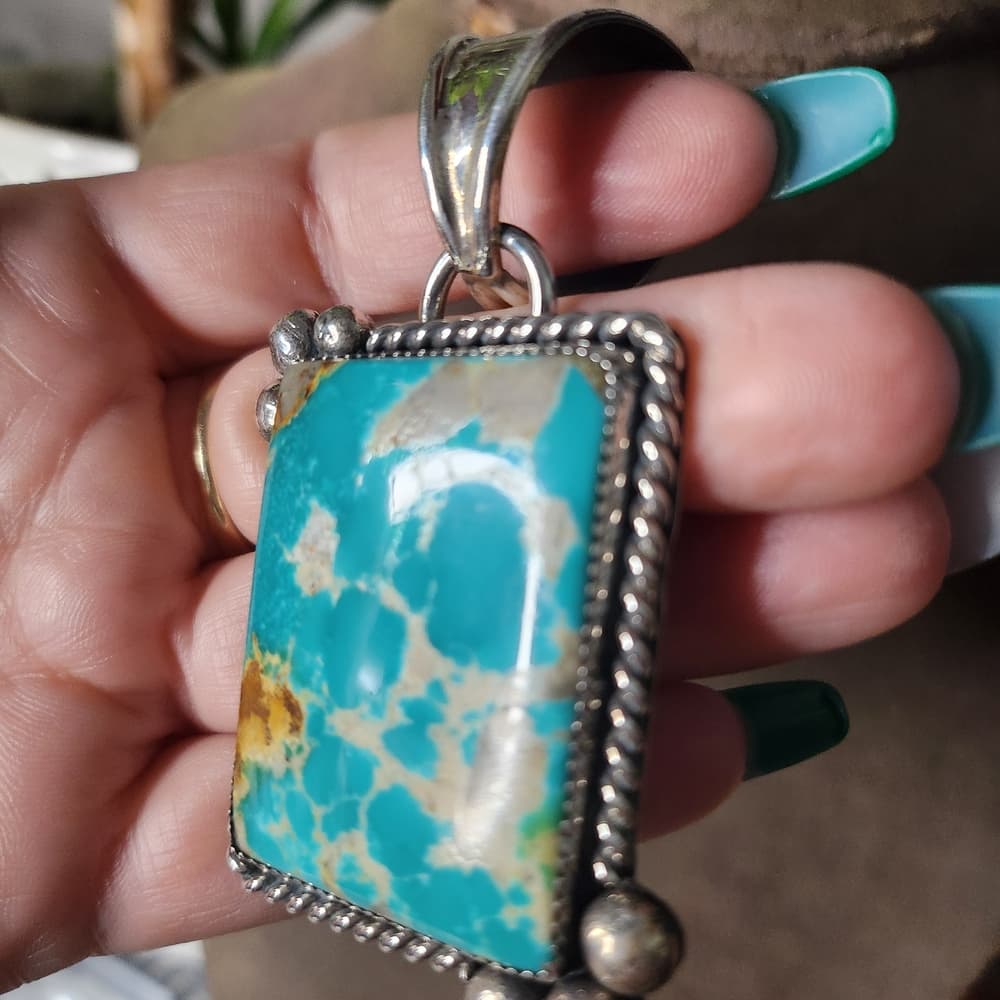Navajo Pinto Signed Huge Turquoise and Sterling Silver 925 Chunky Pendant - Thumbnail 4