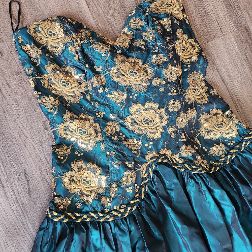 Vintage 80s Jessica McClintock Teal and Gold Rinestone Strapless Poofy Dress - Thumbnail 4