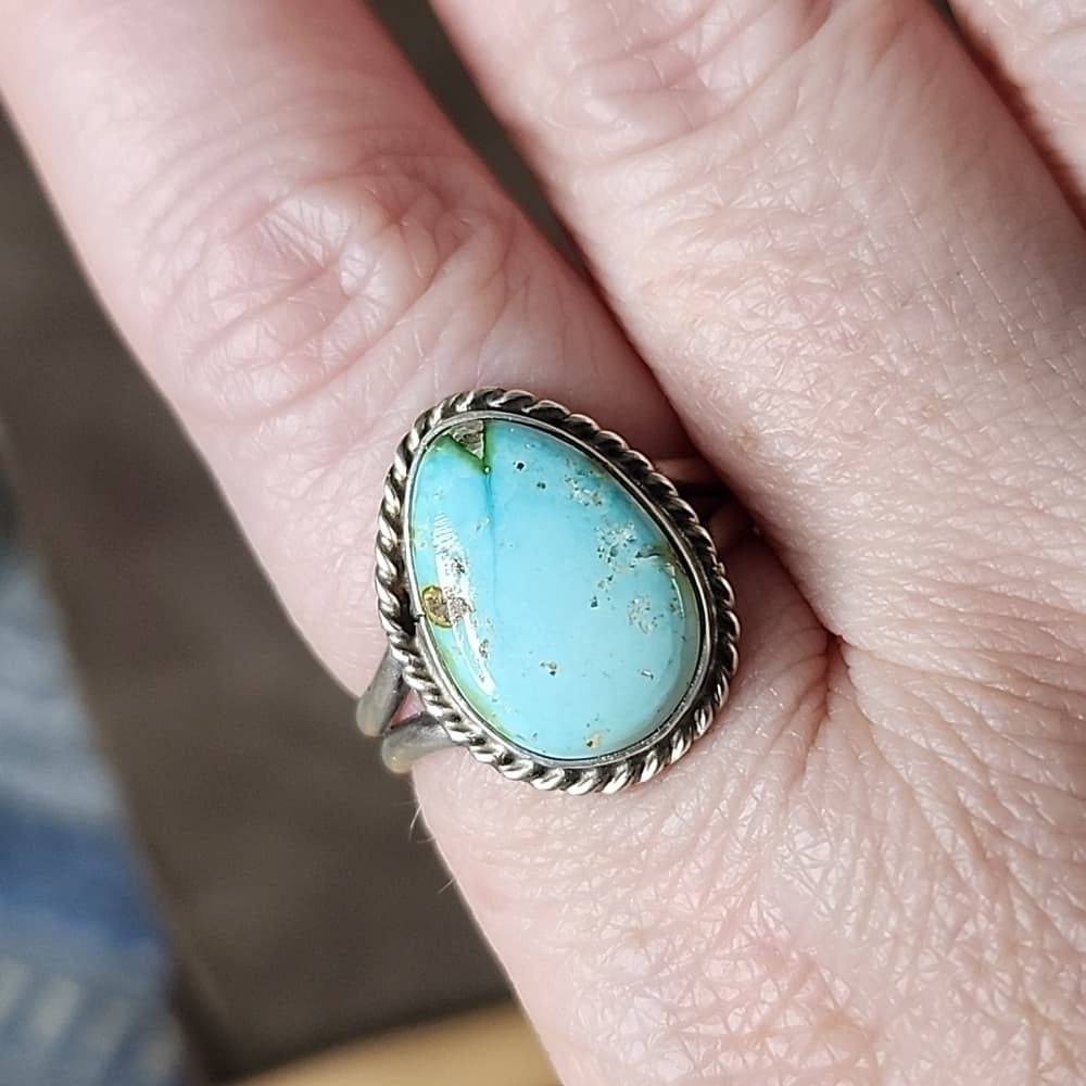 New - Navajo Signed Sanoran Gold Turquoise Pear + Sterling Silver Ring - Thumbnail 4