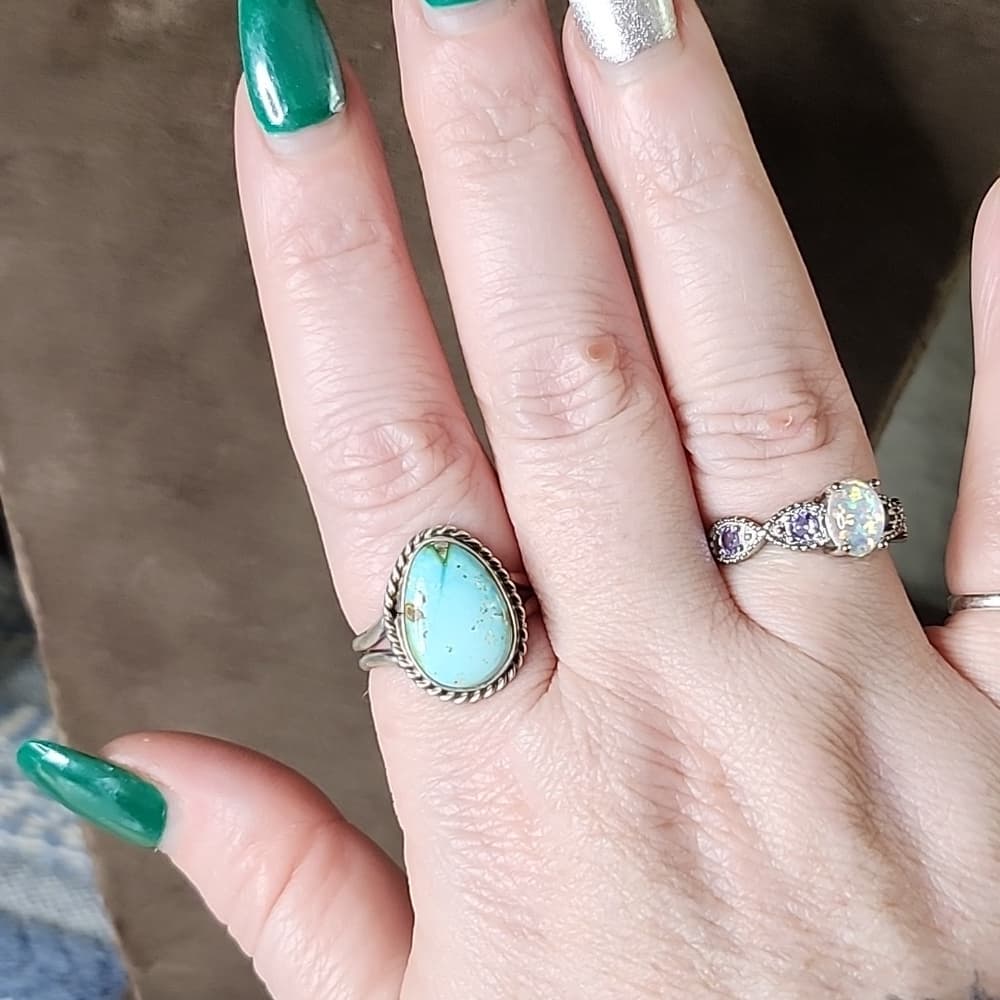 New - Navajo Signed Sanoran Gold Turquoise Pear + Sterling Silver Ring - Thumbnail 2