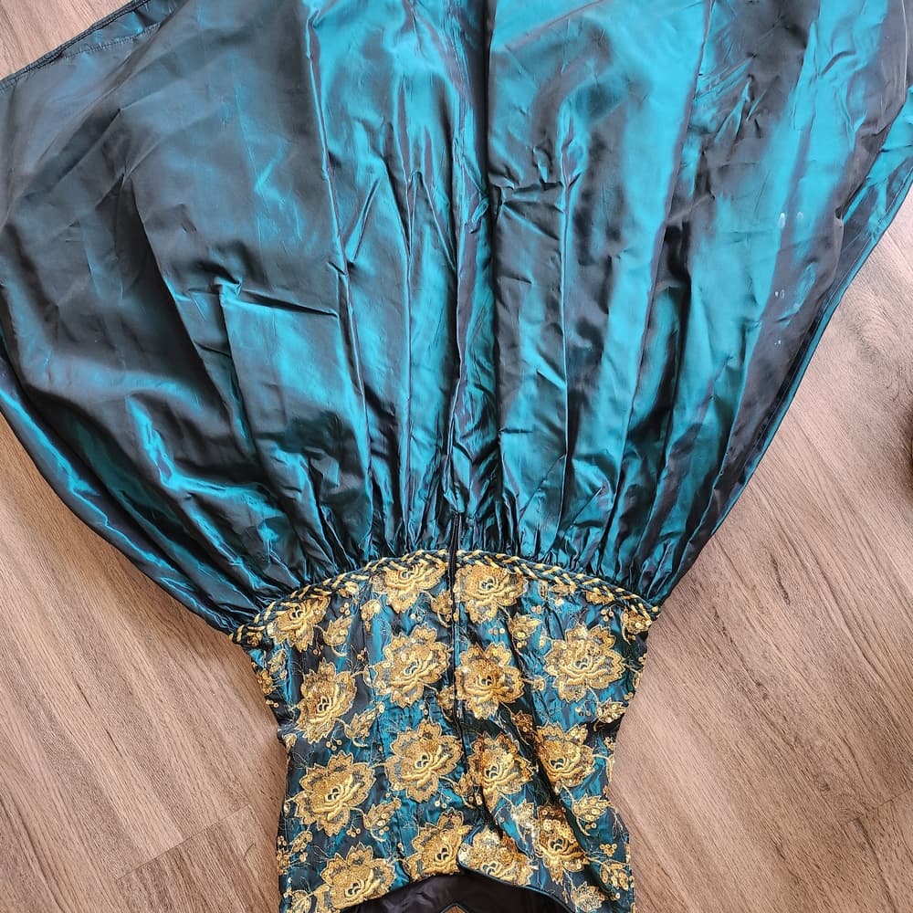 Vintage 80s Jessica McClintock Teal and Gold Rinestone Strapless Poofy Dress - Thumbnail 5