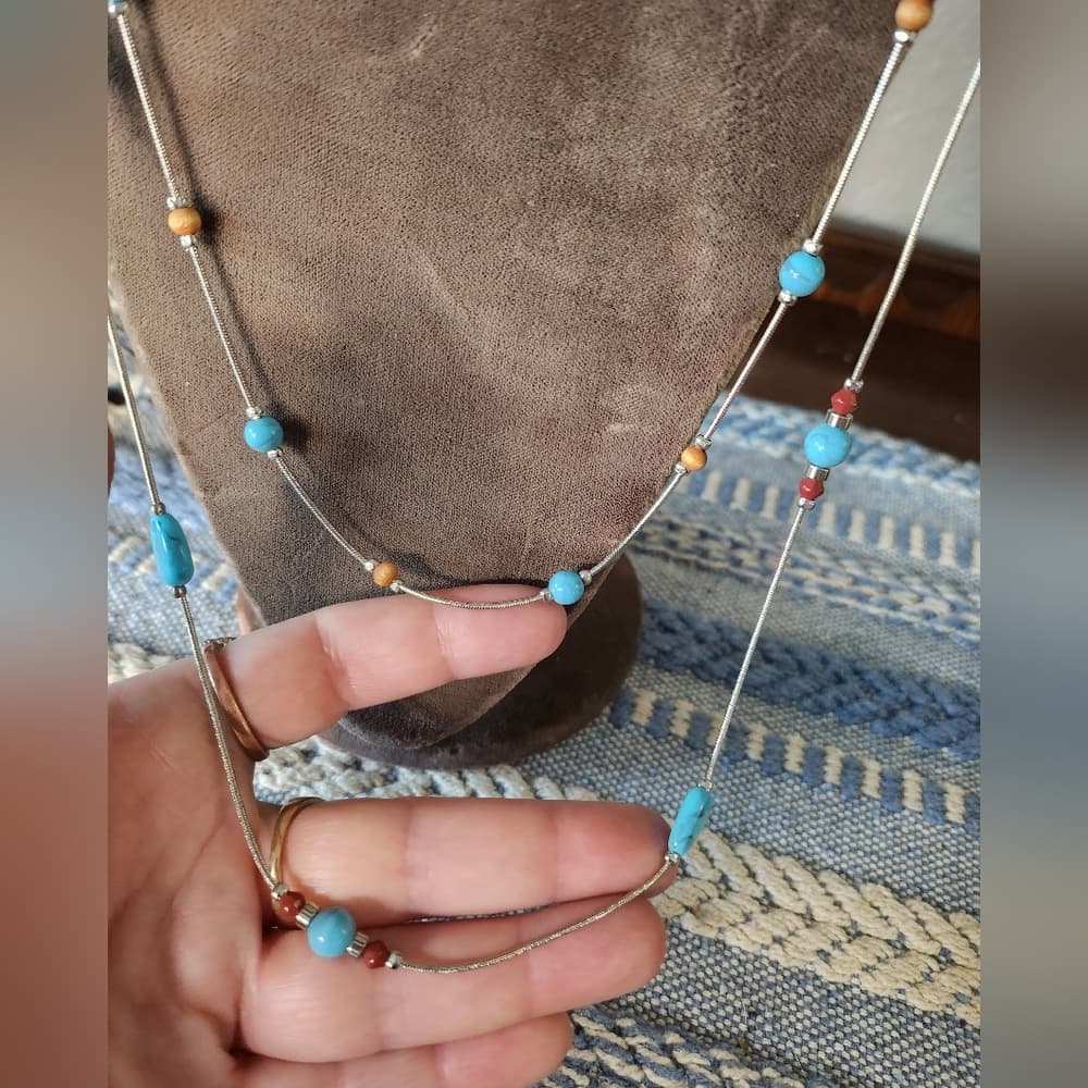 Silver Faux Turquoise And Tan Wood Beaded Necklace Bundle With Feather Accent - Thumbnail 3