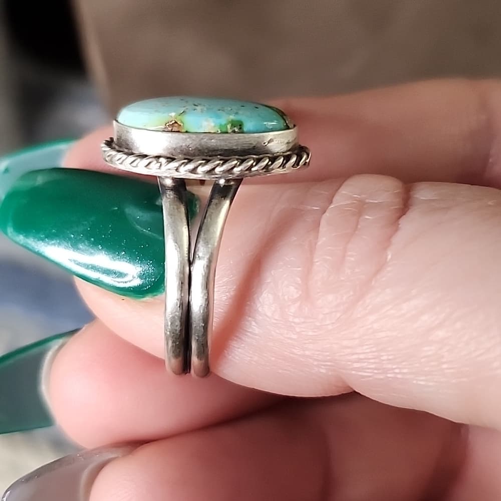 New - Navajo Signed Sanoran Gold Turquoise Pear + Sterling Silver Ring - Thumbnail 5